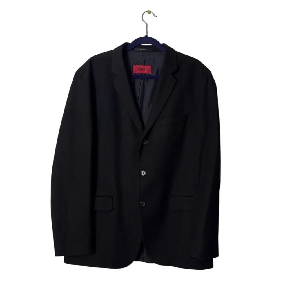 Hugo Boss Mens Black Wool Blazer Jacket Made In Italy Size 44R Red Trim Details